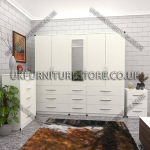 White 5 Door 1 Mirror Wardrobe Set With Chest Drawer and Bedside