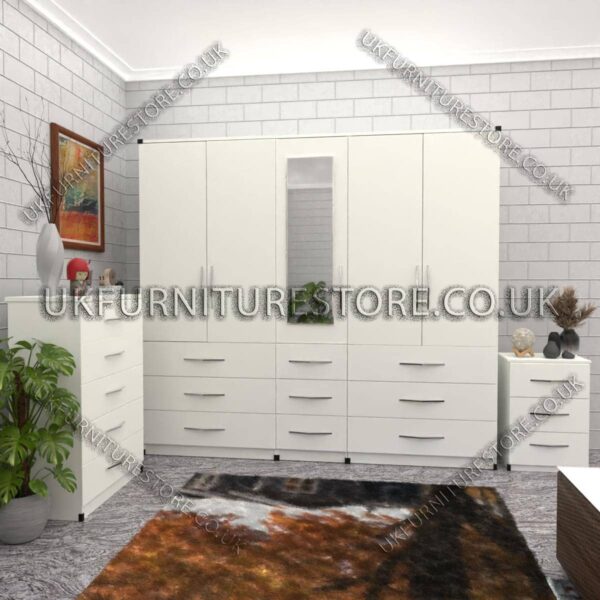 White 5 Door 1 Mirror Wardrobe Set With Chest Drawer and Bedside