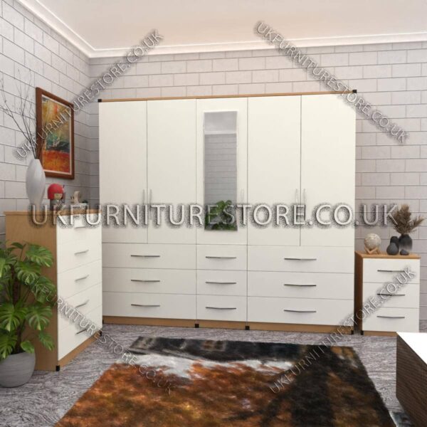 Front White Side Beech 5 Door 1 Mirror Wardrobe Set With Chest Drawer and Bedside