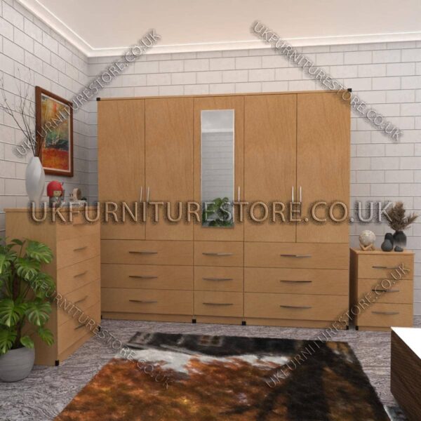 Beech 5 Door 1 Mirror Wardrobe Set With Chest Drawer and Bedside