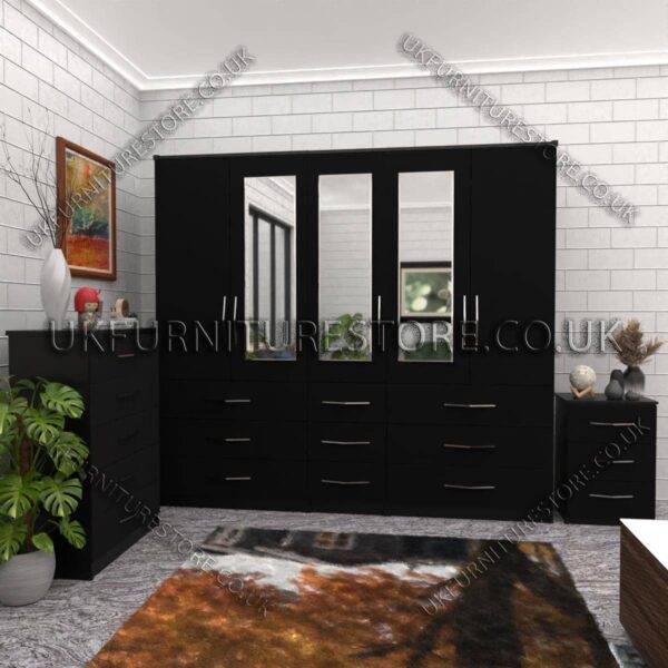 Black 5 Door With 3 Mirrors Wardrobe Set With Chest Drawer and Bedside