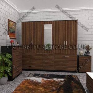 Front Walnut Side Black 6 Door 1 Mirror Wardrobe Set With Chest Drawer and Bedside