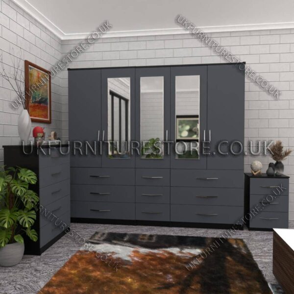 Front Silver Side Black 5 Door With 3 Mirrors Wardrobe Set With Chest Drawer and Bedside