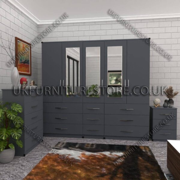 Gray 5 Door With 3 Mirrors Wardrobe Set With Chest Drawer and Bedside
