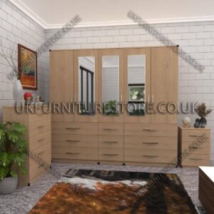 Oak 5 Door With 3 Mirrors Wardrobe Set With Chest Drawer and Bedside