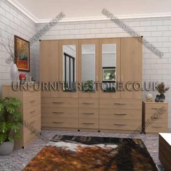 Oak 5 Door With 3 Mirrors Wardrobe Set With Chest Drawer and Bedside