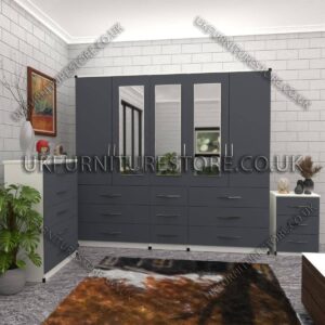 Front Gray Side White 5 Door With 3 Mirrors Wardrobe Set With Chest Drawer and Bedside