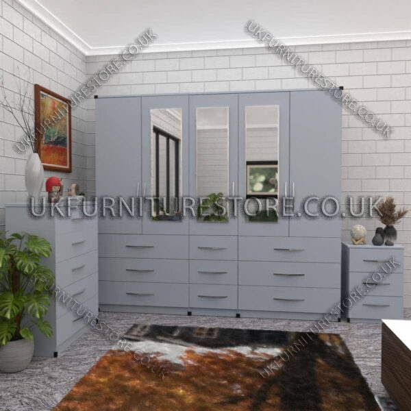 Silver 5 Door With 3 Mirrors Wardrobe Set With Chest Drawer and Bedside