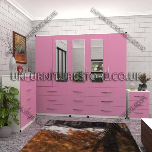 Front Pink Side White 5 Door With 3 Mirrors Wardrobe Set With Chest Drawer and Bedside