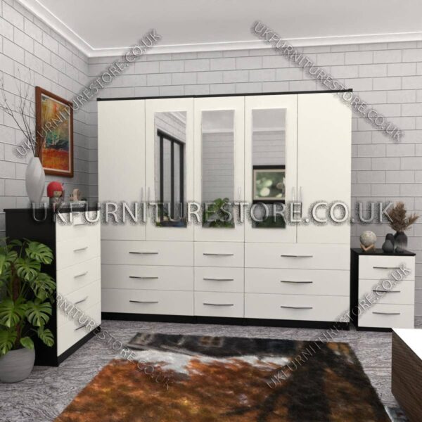 Front White Side Black 5 Door With 3 Mirrors Wardrobe Set With Chest Drawer and Bedside