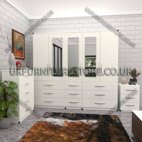 White 5 Door With 3 Mirrors Wardrobe Set With Chest Drawer and Bedside