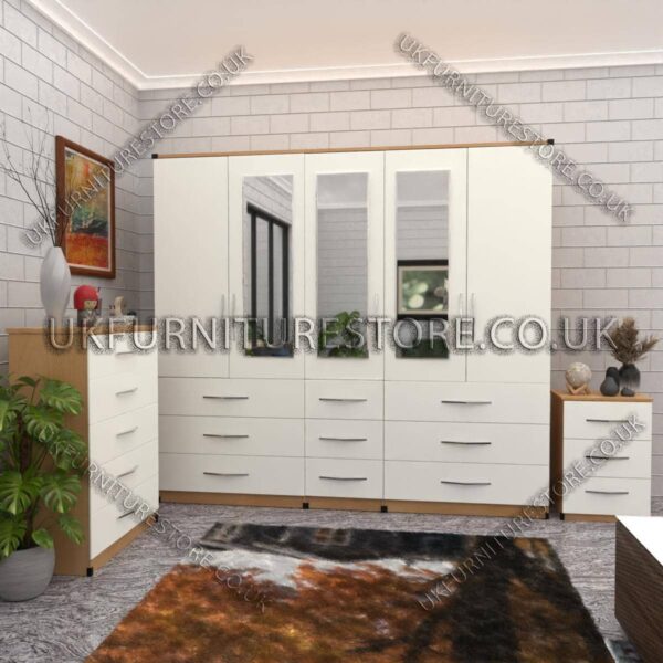 Front White Side Beech 5 Door With 3 Mirrors Wardrobe Set With Chest Drawer and Bedside