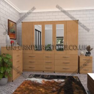 Beech 5 Door With 3 Mirrors Wardrobe Set With Chest Drawer and Bedside