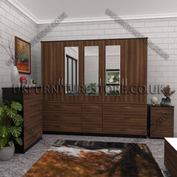 Front Walnut Side Black 5 Door With 3 Mirrors Wardrobe Set With Chest Drawer and Bedside
