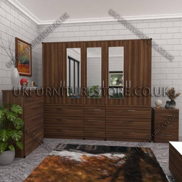 Walnut 5 Door With 3 Mirrors Wardrobe Set With Chest Drawer and Bedside