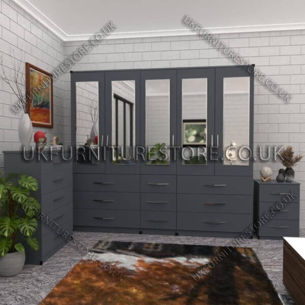 Gray 5 Door With 5 Mirrors Wardrobe Set With Chest Drawer and Bedside