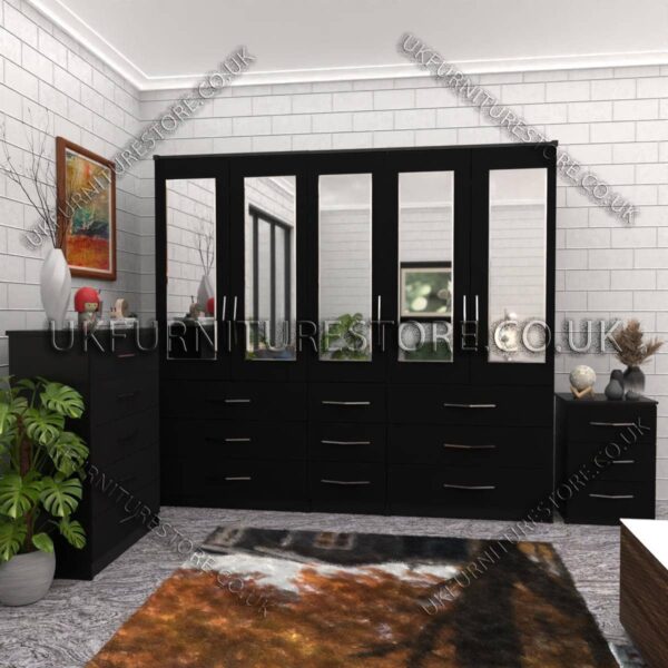 Black 5 Door With 5 Mirrors Wardrobe Set With Chest Drawer and Bedside