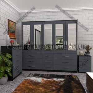 Front Gray Side Black 5 Door With 5 Mirrors Wardrobe Set With Chest Drawer and Bedside
