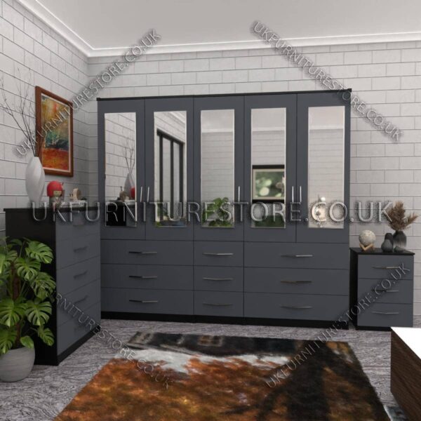 Front Gray Side Black 5 Door With 5 Mirrors Wardrobe Set With Chest Drawer and Bedside