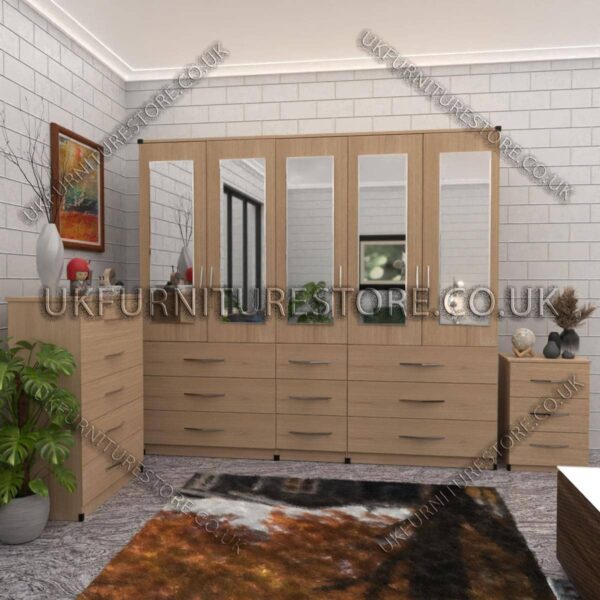 WHATSAPP IMAGE 2024-07-30 AT 5.55.29 PM (1) Oak 5 Door With 5 Mirrors Wardrobe Set With Chest Drawer and Bedside