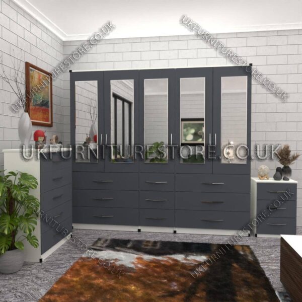 Front Gray Side White5 Door With 5 Mirrors Wardrobe Set With Chest Drawer and Bedside
