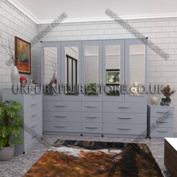Silver 5 Door With 5 Mirrors Wardrobe Set With Chest Drawer and Bedside