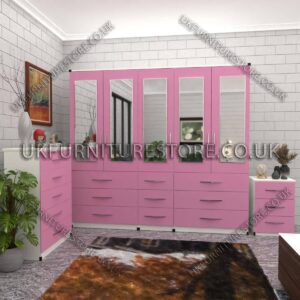 Front Pink Side White 5 Door With 5 Mirrors Wardrobe Set With Chest Drawer and Bedside