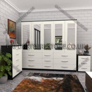 Front White Side Black 5 Door With 5 Mirrors Wardrobe Set With Chest Drawer and Bedside