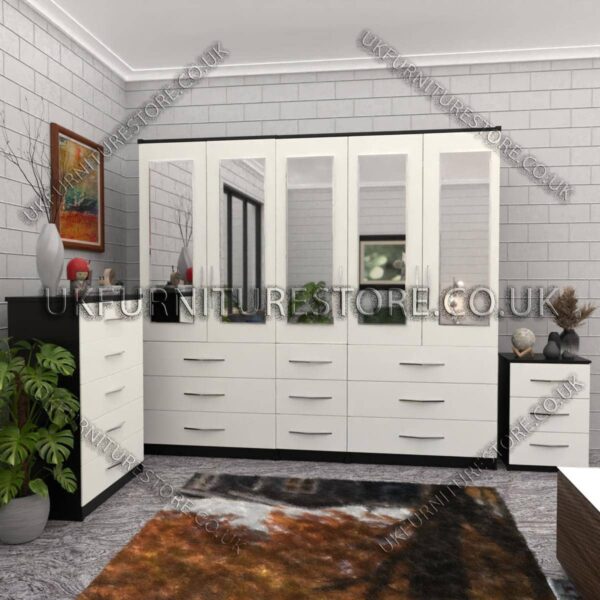 Front White Side Black 5 Door With 5 Mirrors Wardrobe Set With Chest Drawer and Bedside