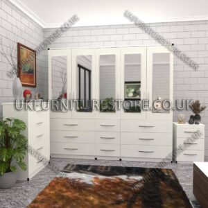 White 5 Door With 5 Mirrors Wardrobe Set With Chest Drawer and Bedside