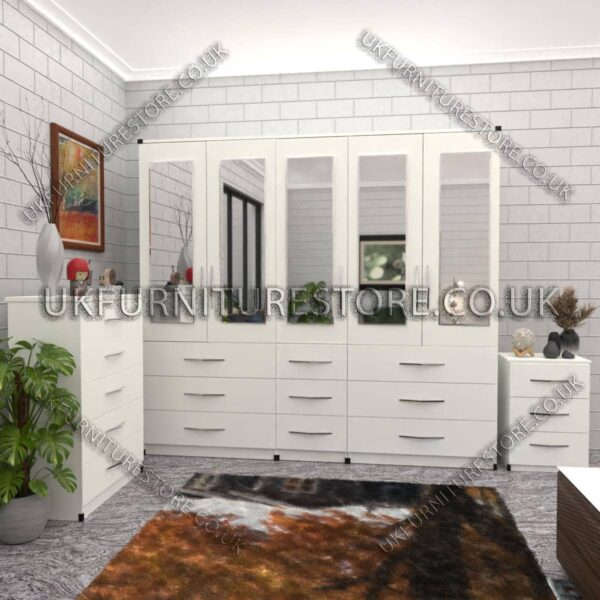 White 5 Door With 5 Mirrors Wardrobe Set With Chest Drawer and Bedside