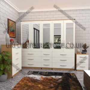 Front White Side Beech 5 Door With 5 Mirrors Wardrobe Set With Chest Drawer and Bedside