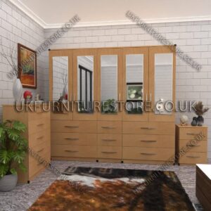 Beech 5 Door With 5 Mirrors Wardrobe Set With Chest Drawer and Bedside