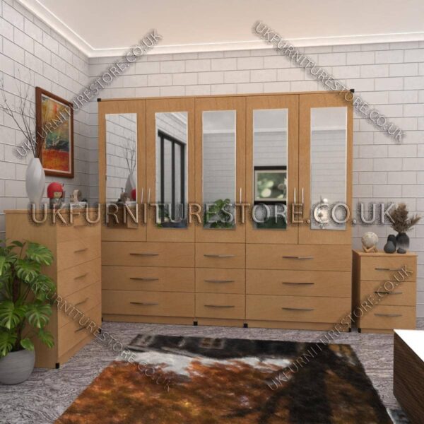 Beech 5 Door With 5 Mirrors Wardrobe Set With Chest Drawer and Bedside