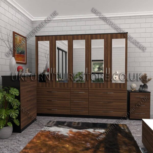Front Walnut Side Black 5 Door With 5 Mirrors Wardrobe Set With Chest Drawer and Bedside