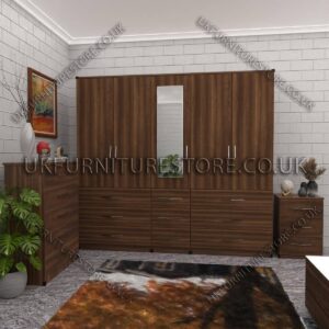 Walnut 6 Door 1 Mirror Wardrobe Set With Chest Drawer and Bedside