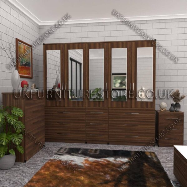 Walnut 5 Door With 5 Mirrors Wardrobe Set With Chest Drawer and Bedside