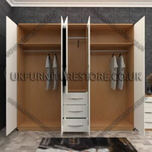 Front White Side Beech 5 Door With 2 Mirrors and 3 Bottom Drawer Wardrobe