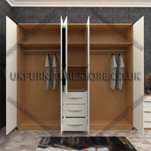 Front White Side Beech 5 Door With 2 Mirrors and 3 Bottom Drawer Wardrobe