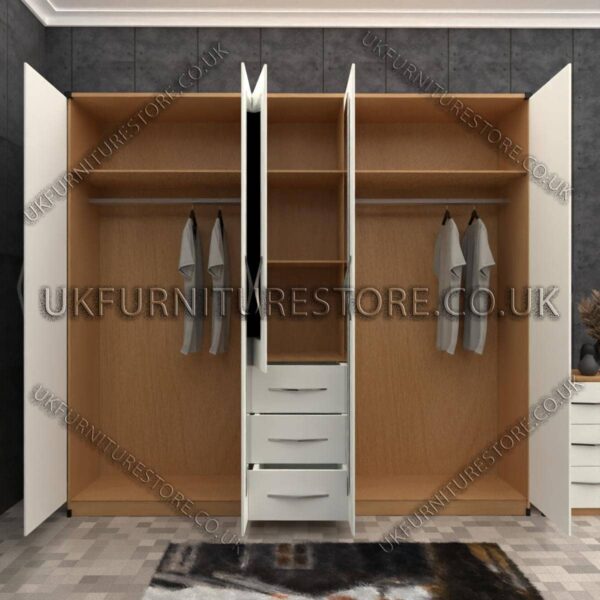 Front White Side Beech 5 Door With 2 Mirrors and 3 Bottom Drawer Wardrobe