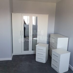 White 4 Door 2 Mirrored Wardrobe Set With Chest Drawers and 2 Bedside Cabinets