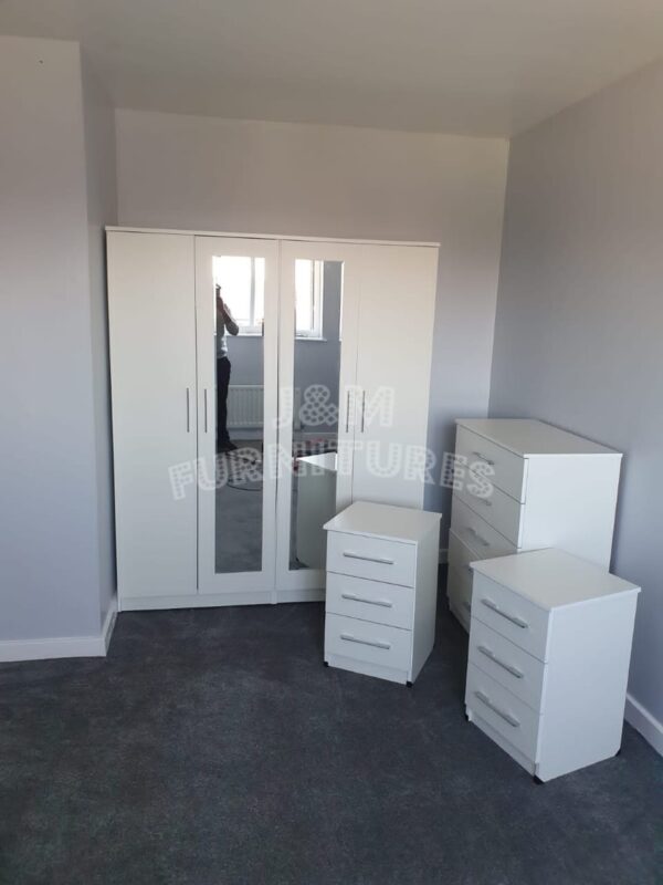 White 4 Door 2 Mirrored Wardrobe Set With Chest Drawers and 2 Bedside Cabinets