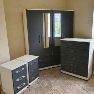 Front Gray Side White 4 Door Wardrobe With Chest Drawers and Bedside Cabinets