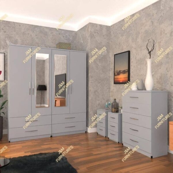 Silver 4 Door Wardrobe With Chest Drawer and Bedside Cabinets