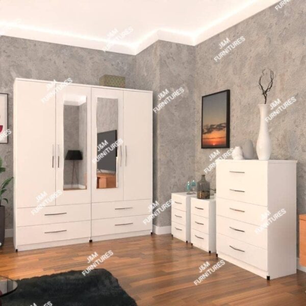 White 4 Door 2 Mirrored Wardrobe With Chest Drawer and Bedside Cabinets