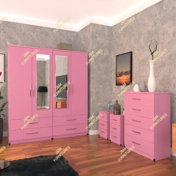 Pink 4 Door 2 Mirrored Wardrobe With Chest Drawer and Bedside Cabinets