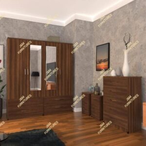 Walnut 4 Door 2 Mirrored Wardrobe Set With Chest Drawer and Bedside Cabinets