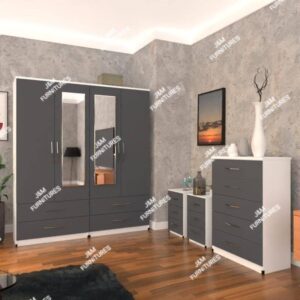 Front Gray Side White 4 Door 2 Mirrored Wardrobe Set With Chest Drawer and Bedside Cabinets