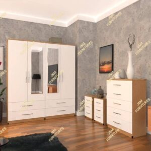 Front White Side Beech 4 Door 2 Mirrored Wardrobe Set With Chest Drawer and Bedside Cabinets