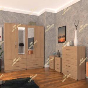 Oak 4 Door 2 Mirrored Wardrobe With Chest Drawer and Bedside Cabinets